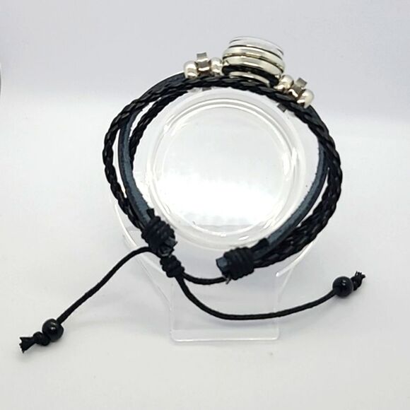 Compass Round Beaded Black Braided Faux Leather Bracelet Outdoor Wilderness New - Picture 3 of 6